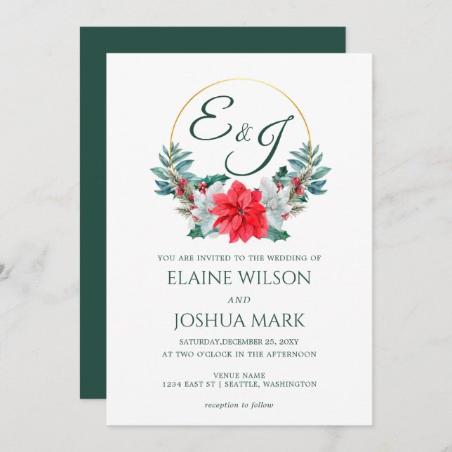 Christmas Berry Poinsettia Wreath Monogram Wedding Invitation (Front/Back)