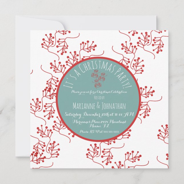 Christmas Berry Red Sprigs Christmas Party Card (Front)