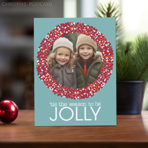 Christmas Berry Wreath - 1 Photo Blue Red Holiday Postcard