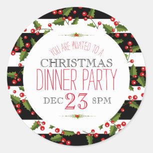Christmas Berry Wreath Black & White Stripes Classic Round Sticker