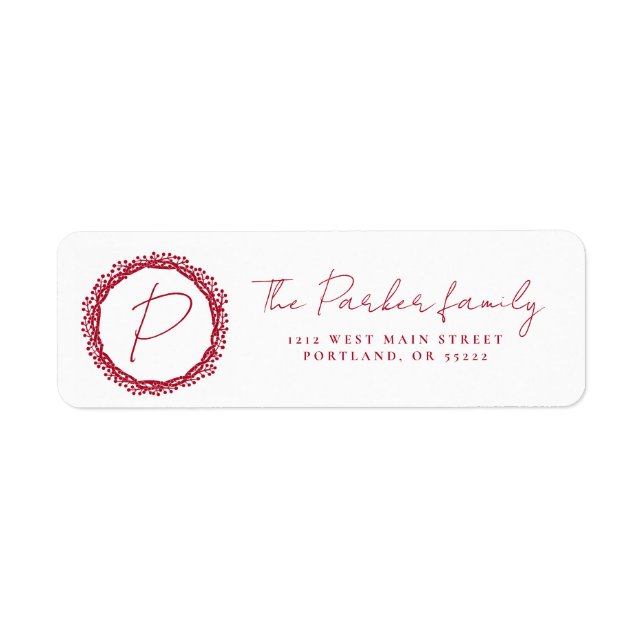 Christmas berry wreath monogram design label (Front)