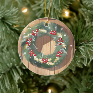 Christmas Berry Wreath Watercolor Rustic Merry Ceramic Tree Decoration