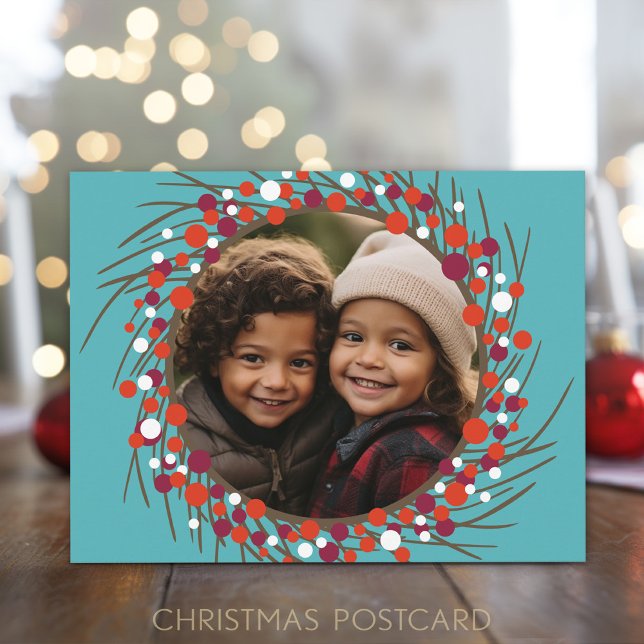 Christmas Berry Wreath with Circle Photo Holiday Postcard (Online Christmas Card Template for a postcard with photos,)