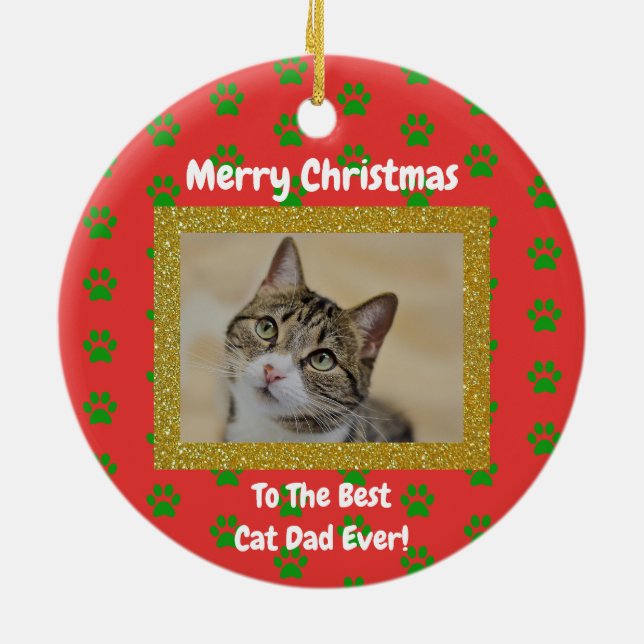 Christmas Best Cat Dad Ever Pet Photo Ceramic Tree Decoration (Back)