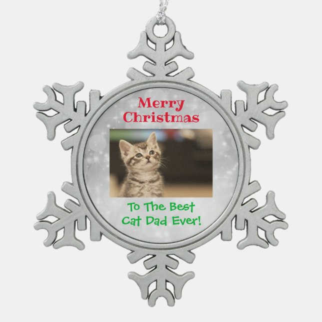 Christmas Best Cat Dad Ever Pet Photo Snowflake Pewter Christmas Ornament (Front)
