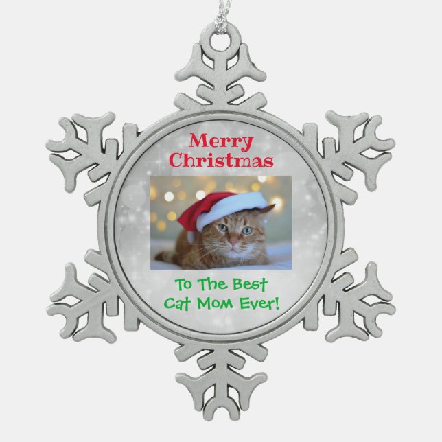 Christmas Best Cat Mum Ever Pet Photo Snowflake Pewter Christmas Ornament (Front)