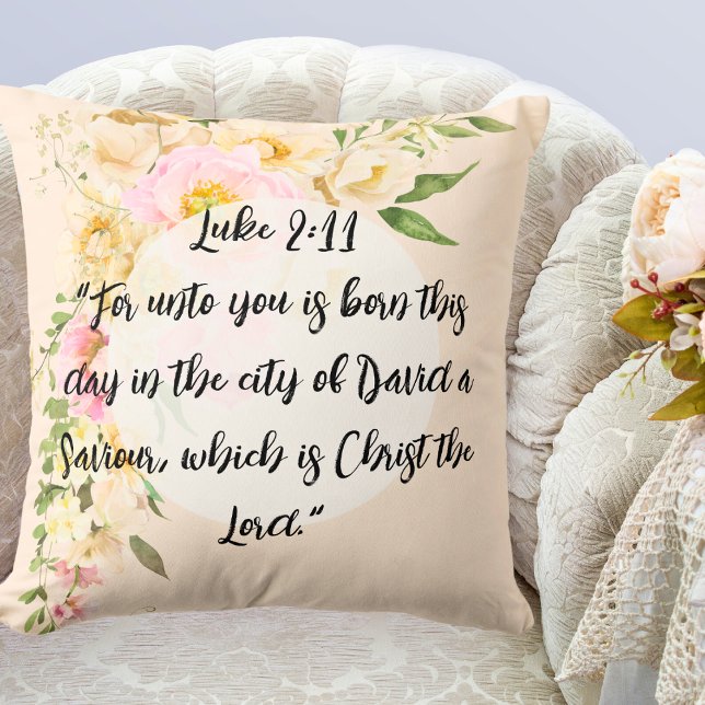 Christmas Bible Verse Jesus Luke 2 Floral Wreath  Cushion (Christmas Verse Luke 2:11)