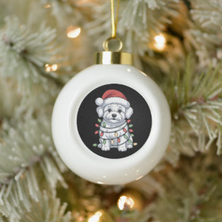 Christmas Bichon Frise Dog Santa Hat Xmas Lights Ceramic Ball Christmas Ornament