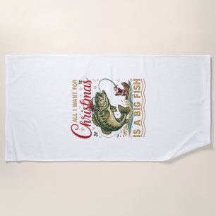 Christmas Big Fish Bass Santa Boat Fishing Beach Towel