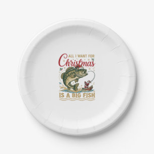 Christmas Big Fish Bass Santa Boat Fishing Paper Plate