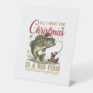 Christmas Big Fish Bass Santa Boat Fishing Pedestal Sign