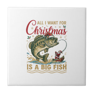 Christmas Big Fish Bass Santa Boat Fishing Tile