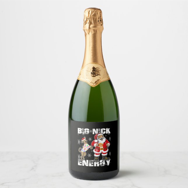 Christmas Big Nick Energy Funny Santa With Dog Sparkling Wine Label (Front)