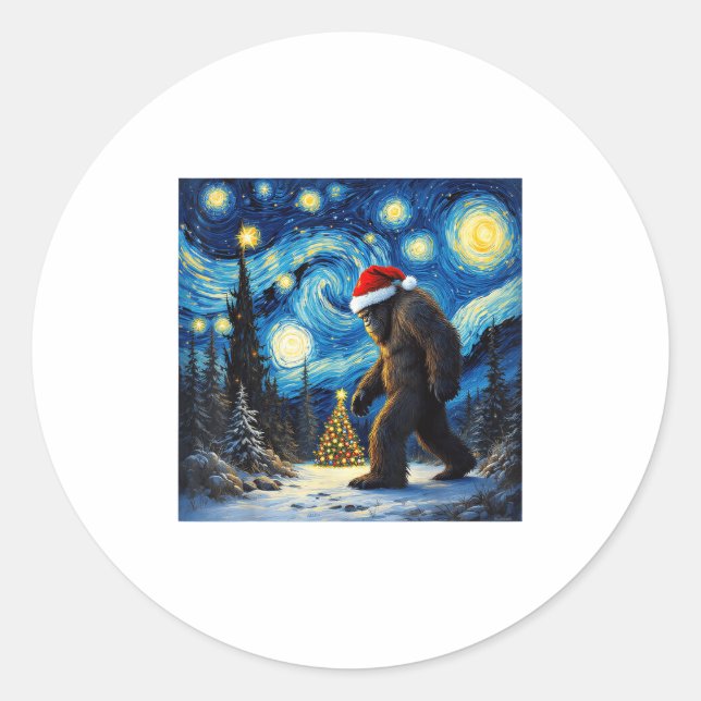 Christmas Bigfoot Santa Hat Van Gogh Starry Night  Classic Round Sticker (Front)