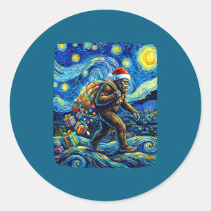 Christmas Bigfoot Santa Hat Van Gogh Starry Night  Classic Round Sticker