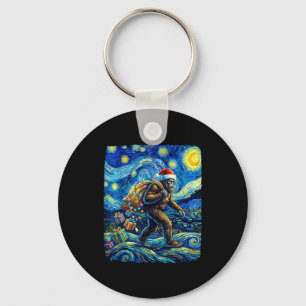 Christmas Bigfoot Santa Hat Van Gogh Starry Night Key Ring