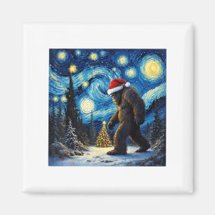 Christmas Bigfoot Santa Hat Van Gogh Starry Night  Magnet