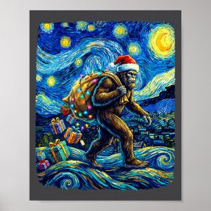 Christmas Bigfoot Santa Hat Van Gogh Starry Night  Poster