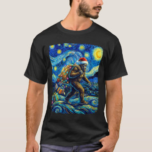 Christmas Bigfoot Santa Hat Van Gogh Starry Night  T-Shirt