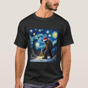 Christmas Bigfoot Santa Hat Van Gogh Starry Night  T-Shirt