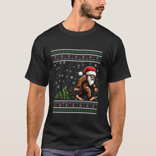 Christmas Bigfoot Ugly Sweater Carrying Tree Santa (Front)