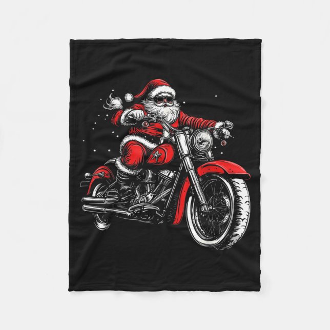 Christmas Biker Santa Claus Funny Motorcycle Motor Fleece Blanket (Front)