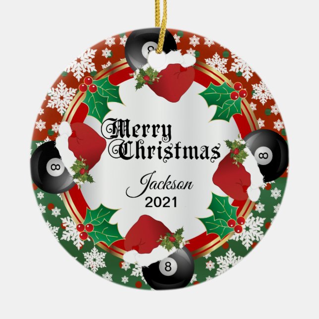 Christmas Billiards Design Ceramic Tree Decoration (Front)