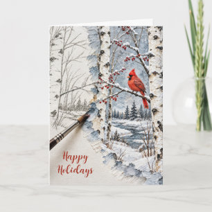Christmas Birch Forest and Cardinal Painting Card