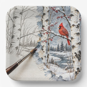 Christmas Birch Forest and Cardinal Painting Paper Plate