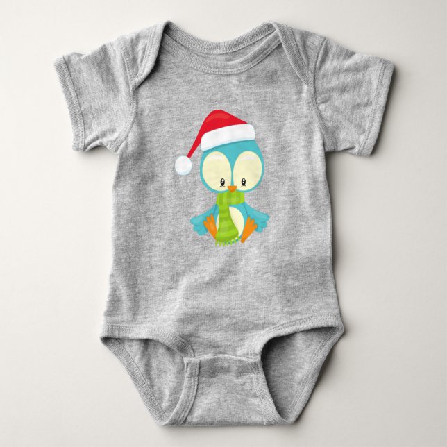 Christmas Bird, Bird With Hat, Bird With Scarf Baby Bodysuit (Front)