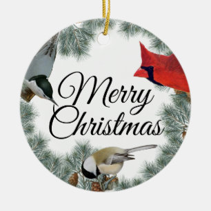 Christmas Bird Cardinal Nuthatch Chickadee Pine Ceramic Tree Decoration
