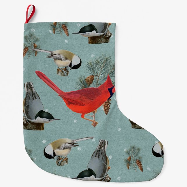Christmas Bird Cardinal Nuthatch Chickadee Snow  Large Christmas Stocking (Front)