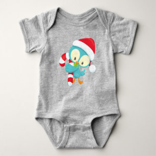 Christmas Bird, Cute Bird, Santa Hat, Candy Cane Baby Bodysuit