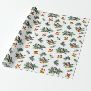 Christmas Bird on Evergreen Watercolor Pattern Wrapping Paper