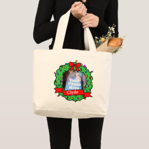 Christmas Bird Photo Wreath Large Tote Bag