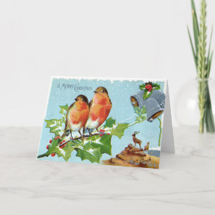 Christmas Bird Songbird Holly Snow Reindeer Bell Holiday Card