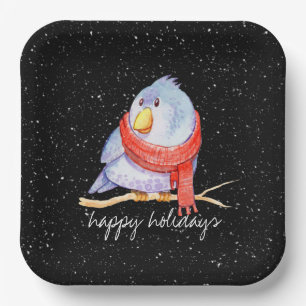 Christmas Bird with Scarf In Snowflakes Paper Plate