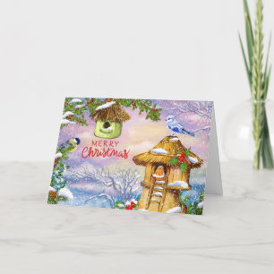 Christmas Birds and Birdhouses Nature Illustration Card