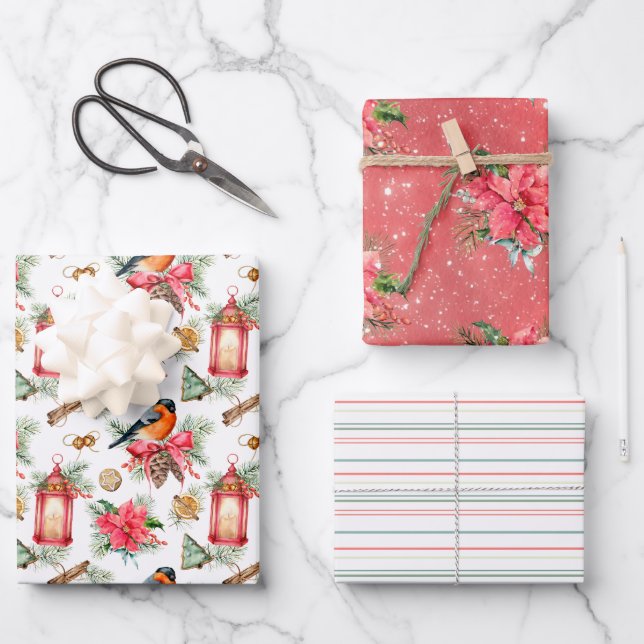 Christmas Birds, Cookies, Poinsettias and Stripes Wrapping Paper Sheet (Front)