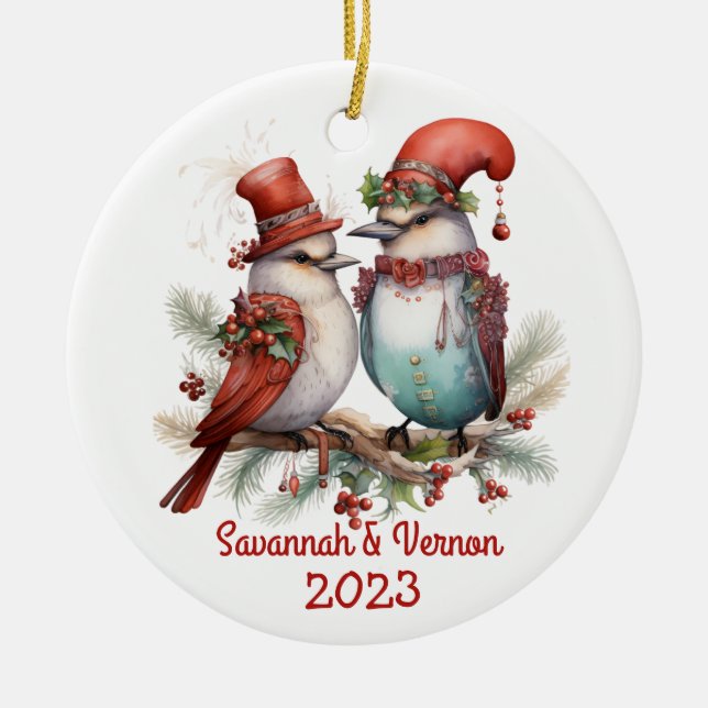 Christmas Birds Couple Ceramic Tree Decoration (Front)