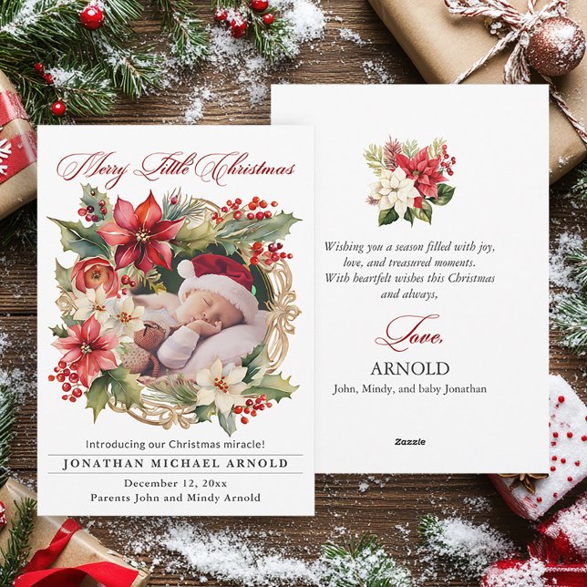 Christmas Birth Announcement Poinsettia Photo (Elegant poinsettias baby birth announcement Christmas greeting card)