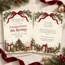 Christmas Birthday Burgundy Bow & Tree Invitation