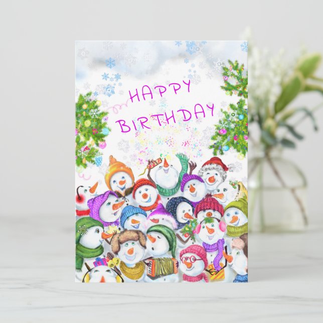 Christmas Birthday Card with Happy Snowmans Party (Standing Front)