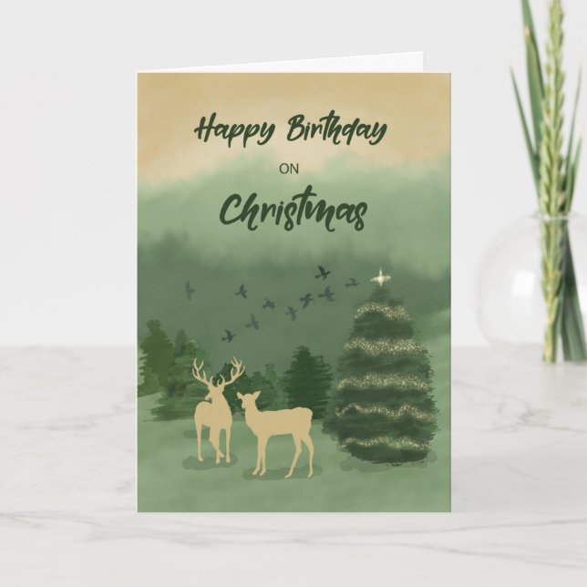 Christmas Birthday Green Landscape with Tree Card (Front)