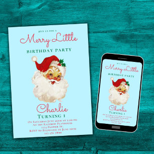 Christmas Birthday Invitation Blue Vintage Santa