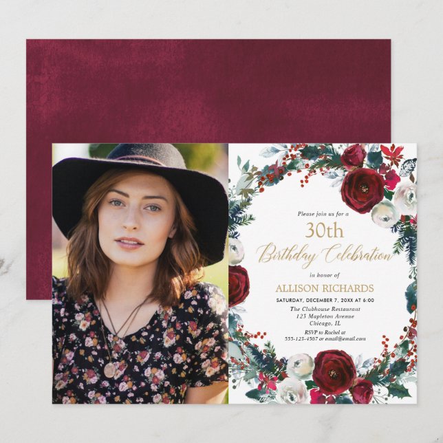 Christmas birthday party burgundy gold photo invitation (Front/Back)