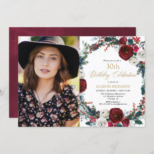 Christmas birthday party burgundy gold photo invitation