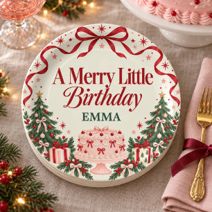 Christmas Birthday Pink Cake Bow Paper Plates