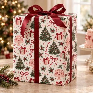Christmas Birthday Pink Cake Bow Wrapping Paper