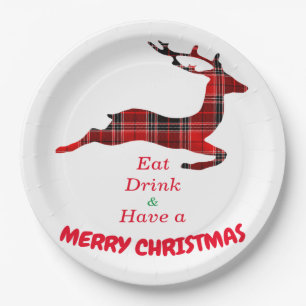 Christmas birthday reindeer buffalo plaid silueta paper plate